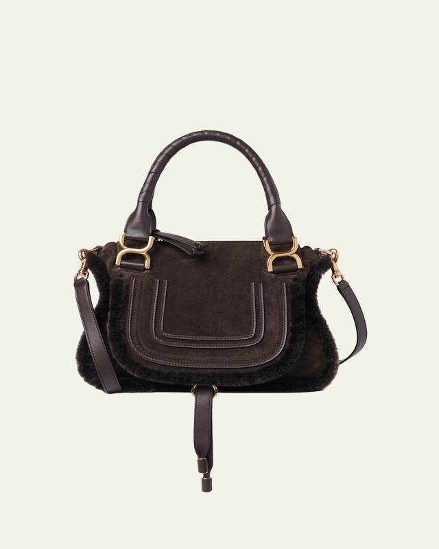 Marcie Saddle Shoulder Bag in Shearling-Trim Suede